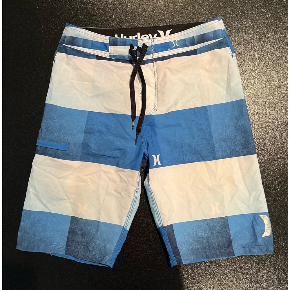 Hurley Board Shorts. Size 18/29. Blue and white stripe pattern.